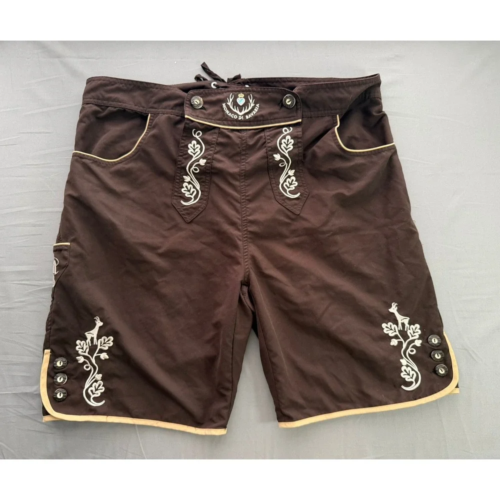 Monaco Di Bavaria Men XXL Brown Lederhosen Style Shorts Embroidered Oktoberfest